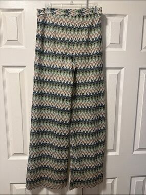 Free people.  Size 6. Chevron Zigzag Wide-Leg Pants in Blue, Green & Tan
